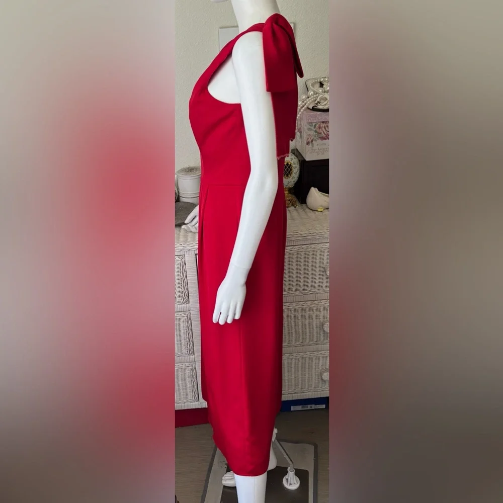 Gal Meets Glam Carmen One Shoulder Jumpsuit Large Red Bow Wide Gaucho Leg Size 4